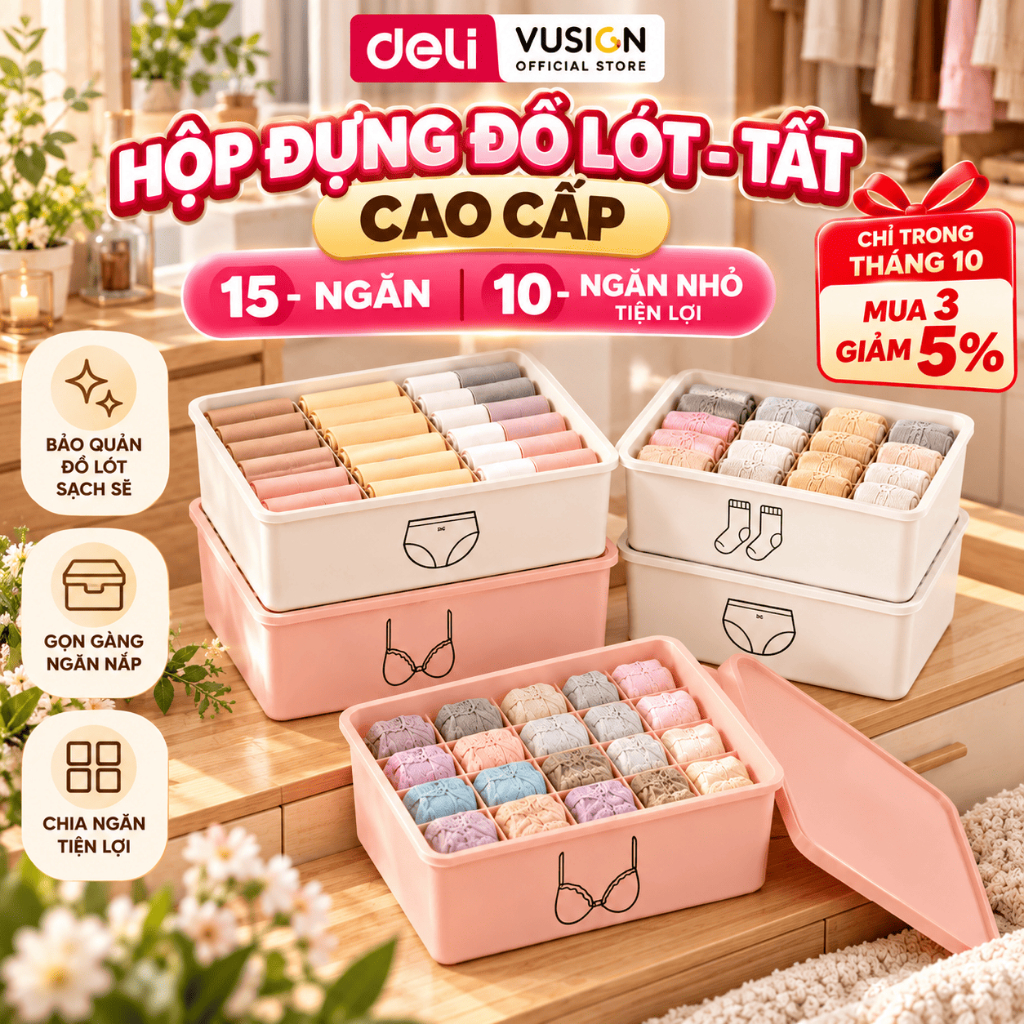 Hộp Đựng Đồ Lót Deli Chia Ngăn Có Nắp – Hộp Nhựa Siêu Dày Đựng Tất Vớ, Khay Sắp Xếp Tủ Quần Áo