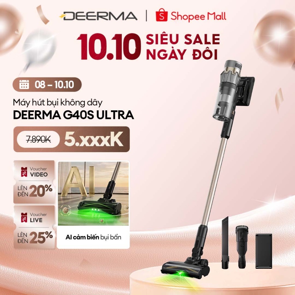 Máy hút bụi không dây Deerma G40s Ultra lực hút mạnh 32.000Pa kèm AI cảm biến bụi bẩn, đèn xanh soi bụi - BH 12 tháng
