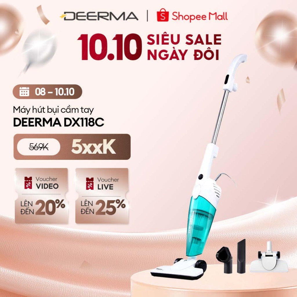 Máy hút bụi cầm tay Deerma DX118C lực hút 15000pa, công suất 600W với bộ lọc bụi mịn HEPA - Bảo hành 12 tháng