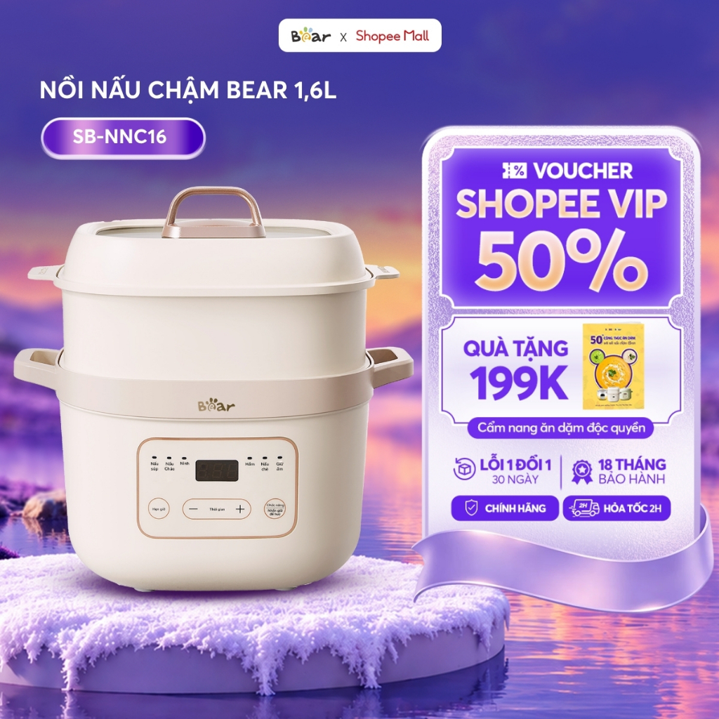Nồi Nấu Chậm BEAR 1,6L Hầm Cách Thủy Ruột Sứ Kèm Xửng Hấp Nấu Cháo Ăn Dặm Cho Bé Chưng Yến SB-NNC16