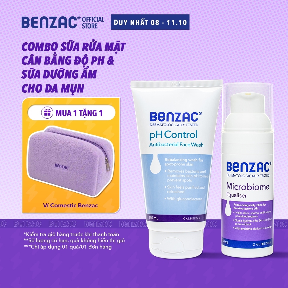 Combo Chăm sóc da mụn Sữa Dưỡng Ẩm Microbiome Equalizer & Sữa rửa mặt cân bằng pH BENZAC pH Control 50ml/150ml