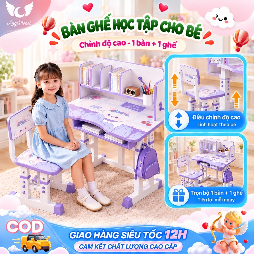 Bộ bàn học cho bé, Bàn học gỗ tự nhiên chỉnh cao - Tăng chỉnh 0-18 tuổi, an toàn cho bé