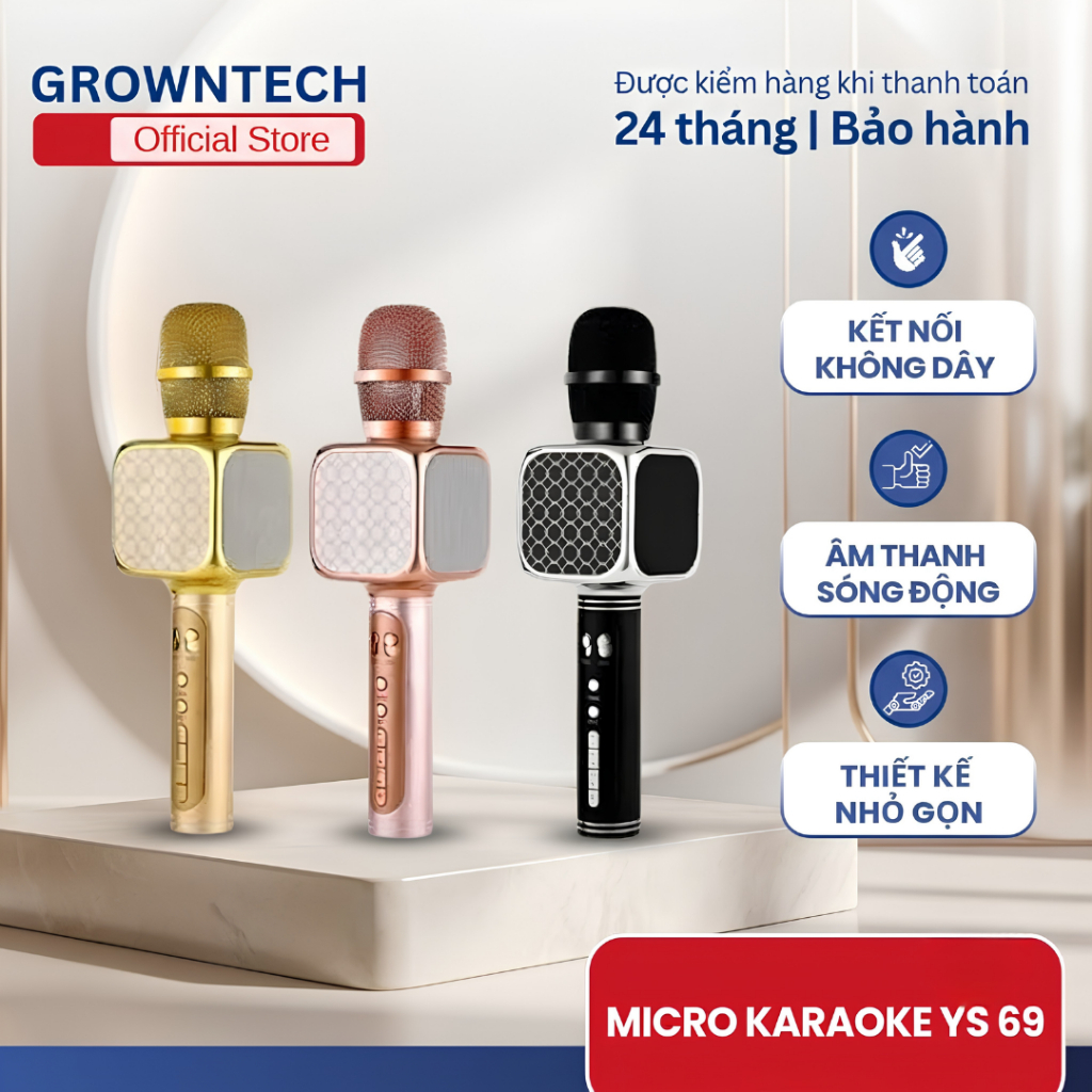 Micro kèm loa bluetooth karaoke GrownTech YS69 bass vang hỗ trợ ghi âm chỉnh tone pin chuẩn 8 tiếng