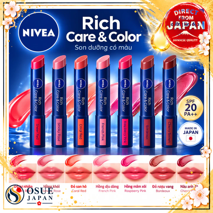 NIVEA Rich Care & Color Lip 2g Son Dưỡng Môi Có Màu SPF20 PA++ Dầu Dưỡng Ẩm Không Hương Liệu 7 Màu Nhật Bản