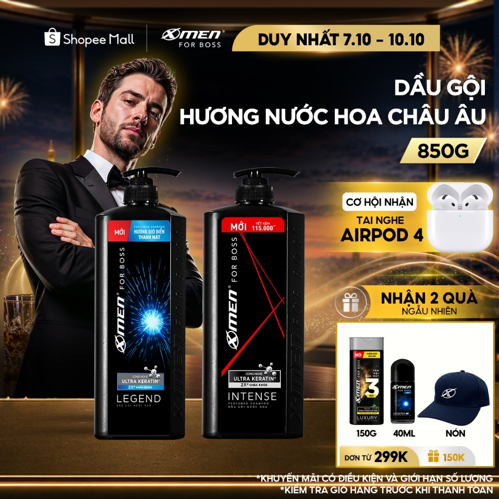 Dầu gội Nam XMen for Boss 850g Intense/Legend, Hương Nước Hoa Châu Âu Sang Trọng Lịch Lãm