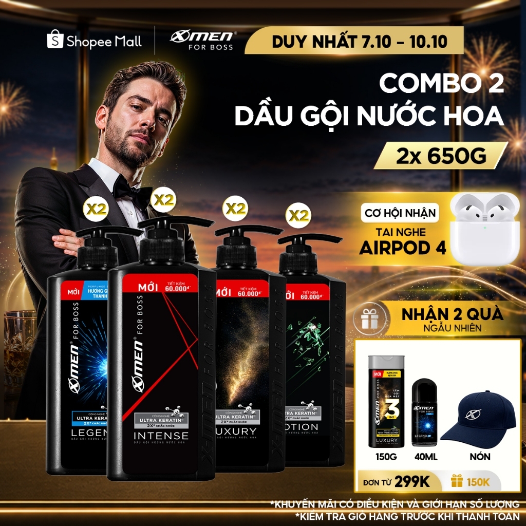 Combo 2 Dầu Gội Nam XMen for Boss 650g/chai Hương Nước Hoa Châu Âu-4 Mùi Hương Sang Trọng