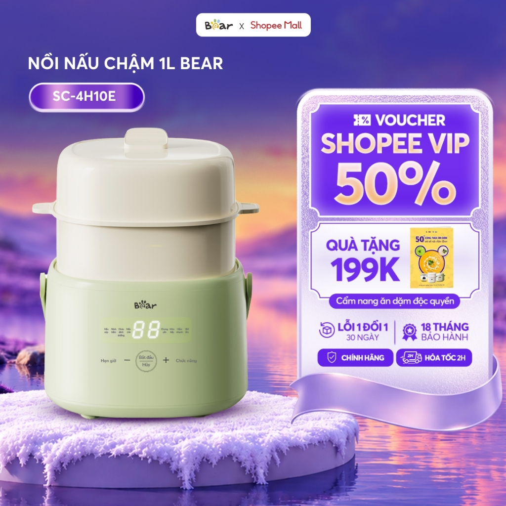 [Kèm Xửng Hấp] Nồi Nấu Chậm BEAR 1L, Nồi Nấu Cháo Chậm Cho Bé Đa Năng Chưng Yến Kho Cá Nấu Chè Hầm Canh SC-4H10E