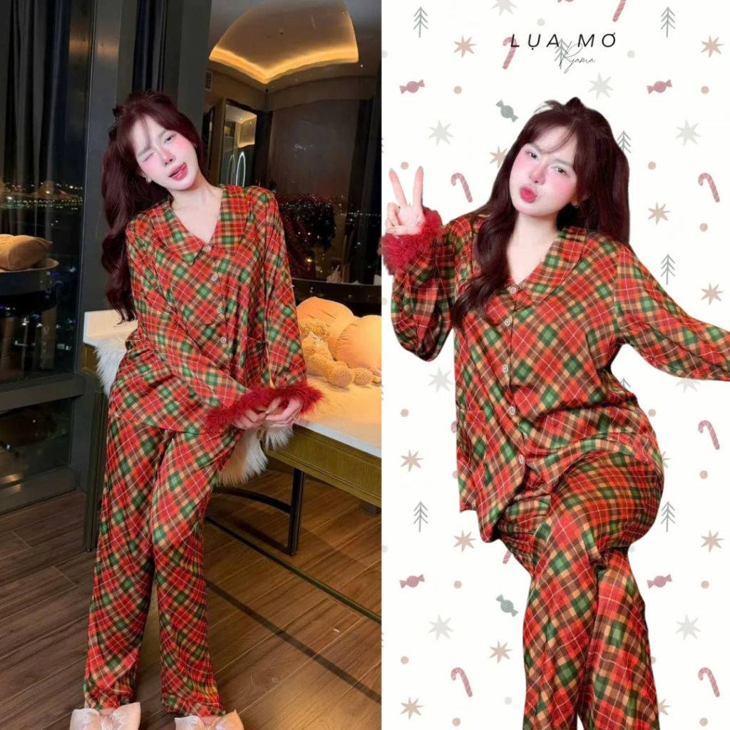 Pijama Tiểu Thư Tay Lông Vũ Mùa Đông Họa Tiết Giáng Sinh Vải Lụa Latin Cao cấp - Đồ bộ Lụa Mơ LM196