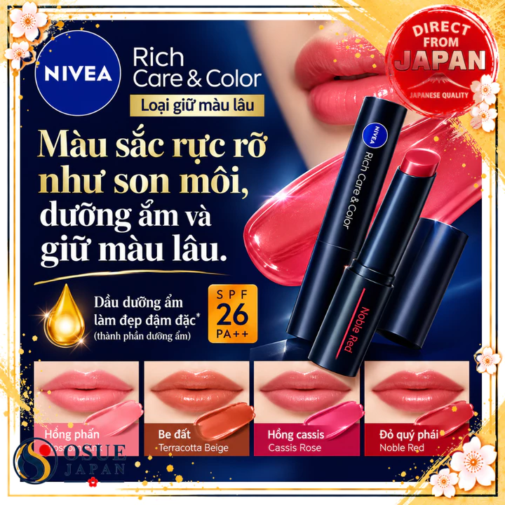 NIVEA Rich Care & Color Lip Lasting Type 2g Son Dưỡng Môi Có Màu SPF26 PA++ Lên Màu Rõ Dưỡng Ẩm Không Hương Liệu 4 Màu