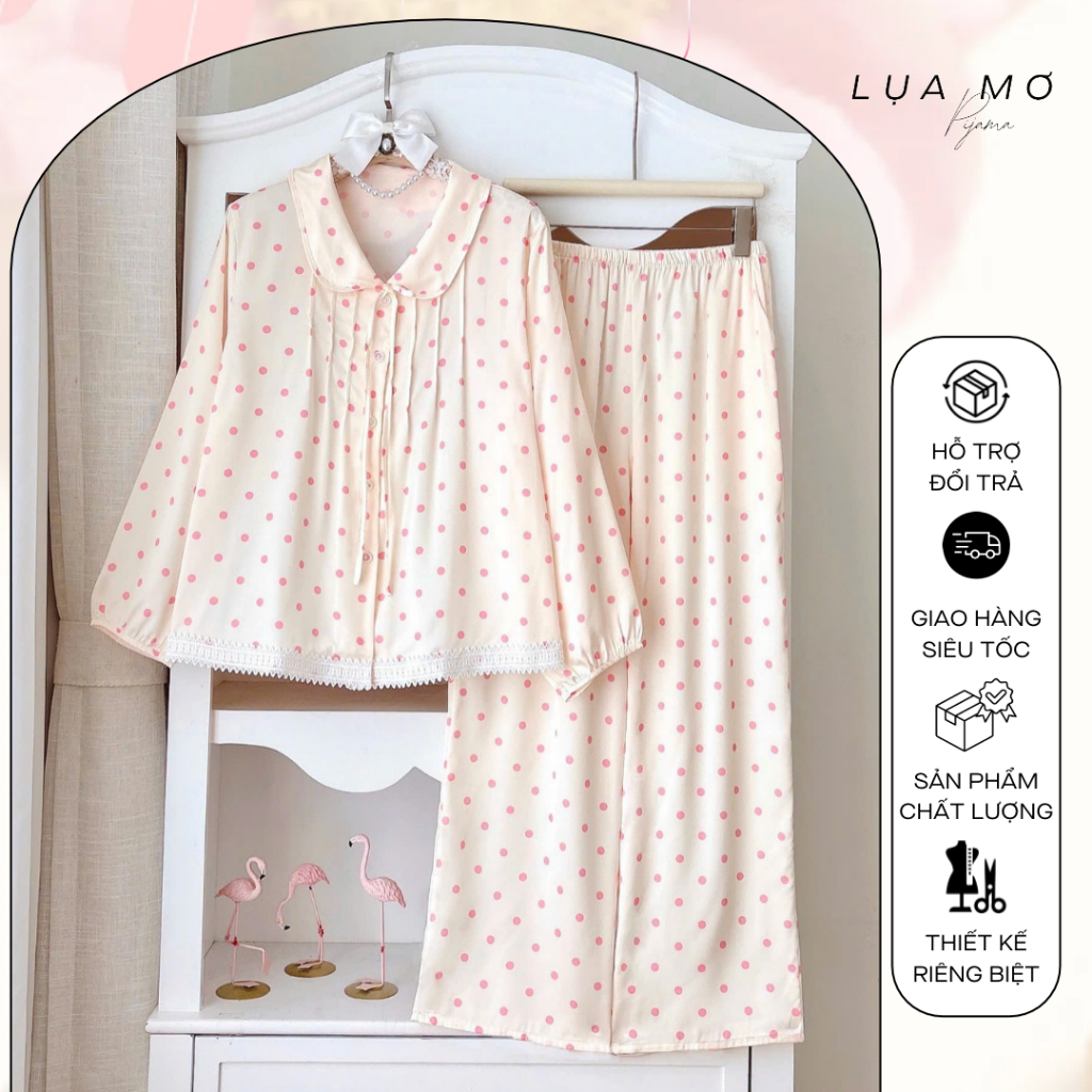 Pijama Tiểu Thư Cổ Sen Phối Ren Tay Dài Phồng Nhẹ Vải Lụa Latin Cao Cấp - Đồ bộ Lụa Mơ LM324
