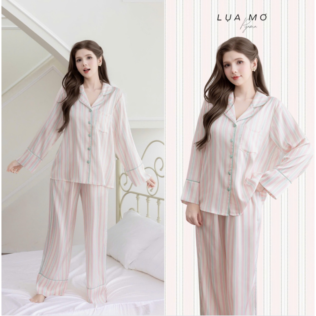 [Đặt trước] Pijama Tiểu Thư Tay Dài Họa Tiết Dễ Thương Phối Viên Có Túi Vải Lụa Latin Cao Cấp - Đồ bộ Lụa Mơ LM314