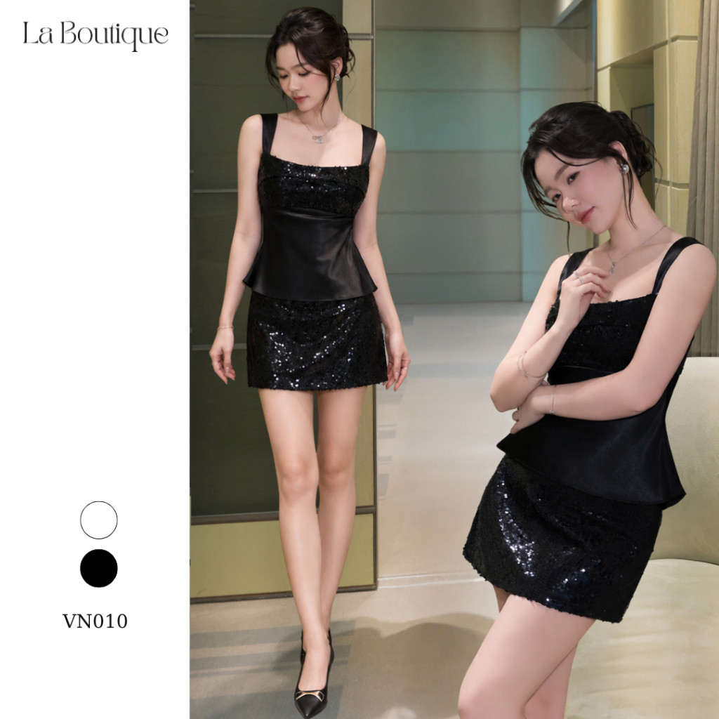 LA BOUTIQUE Áo lụa đính sequin cổ vuông, áo hai dây bản to chiết eo tôn dáng đi tiệc đi chơi, áo kiểu nữ AK035-2610LAT