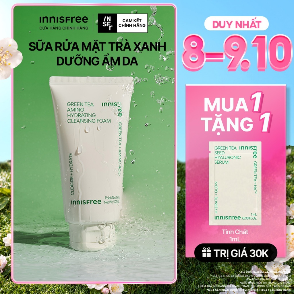 Sữa rửa mặt trà xanh sạch sâu ẩm mịn INNISFREE Green Tea Amino Cleansing Foam 150g