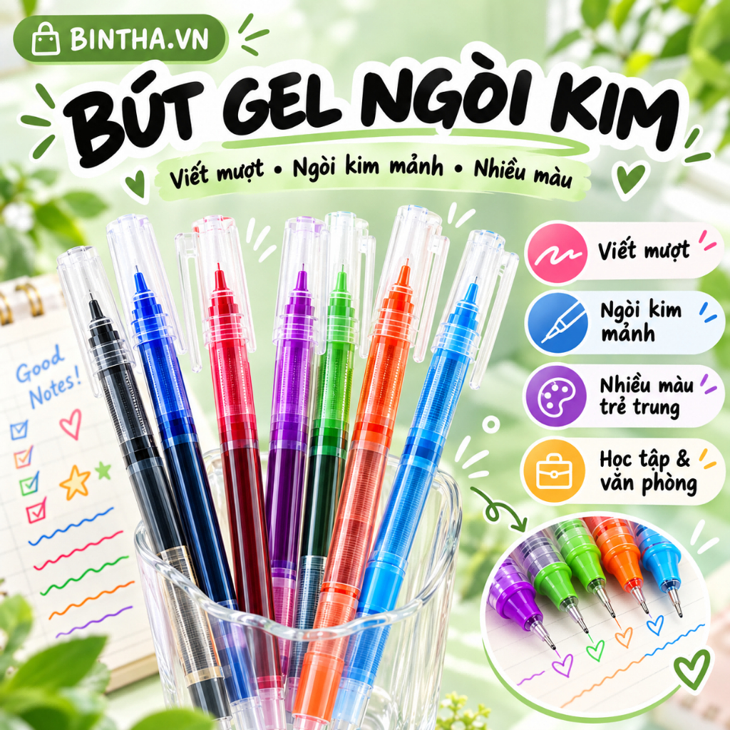 Bút Gel Ngòi Kim Viết Êm Mực Đều Nét Mảnh Trơn Mượt Nhiều Màu Cho Học Sinh Và Văn Phòng