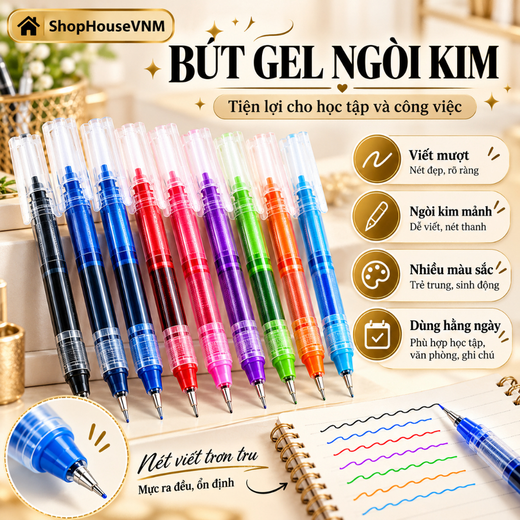 Bút Bi Nước Ngòi Kim Dễ Cầm Viết Mượt Mực Ra Đều Nét Chữ Đẹp Dùng Học Tập Ghi Chú Hằng Ngày
