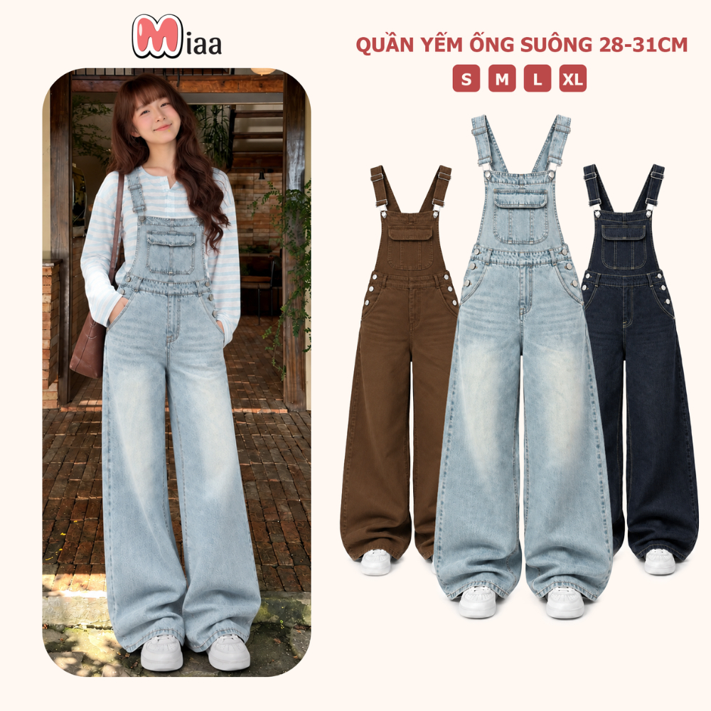 [ DEAL MỞ BÁN ] Quần Yếm Jean Nữ Dài Ống Rộng MIAA Dáng Suông Cao Cấp Denim  3 Màu Hottrend Dáng Dài