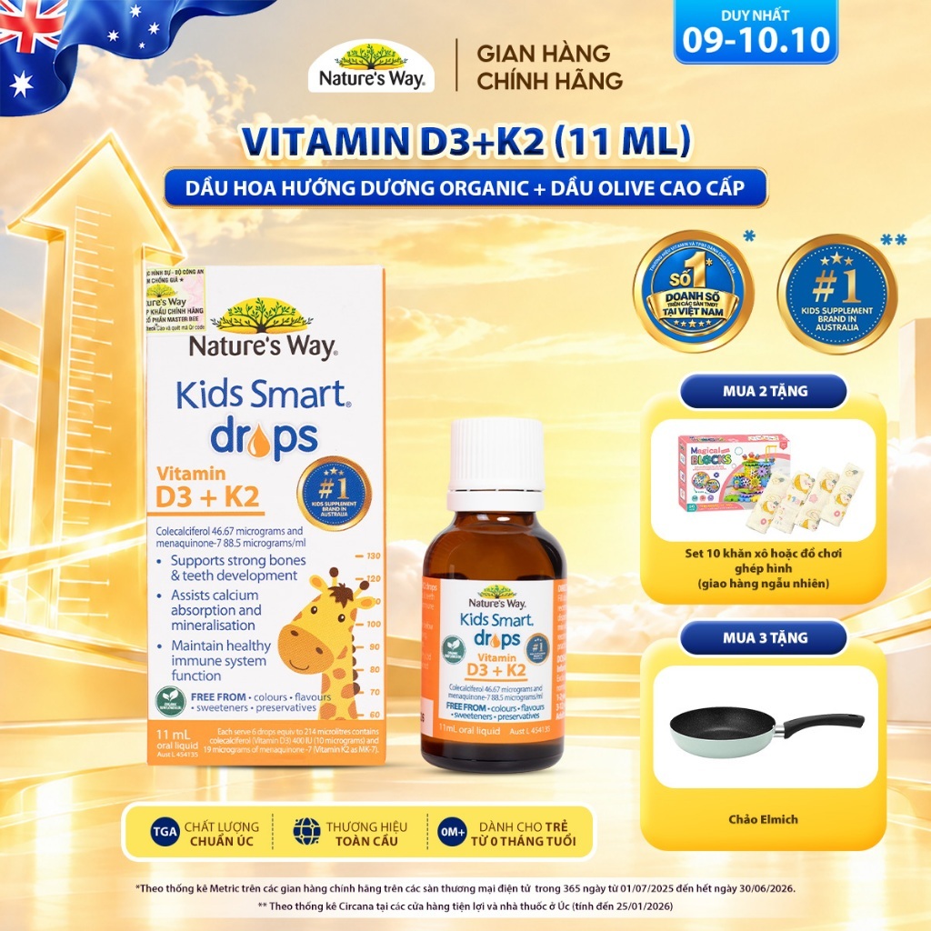 Vitamin D3K2 Nature's Way, Với Dầu Hoa Hướng Dương Organic, Giúp Bổ sung Vitamin D3, K2-MK7 Cho Trẻ Sơ Sinh Hộp 11ml