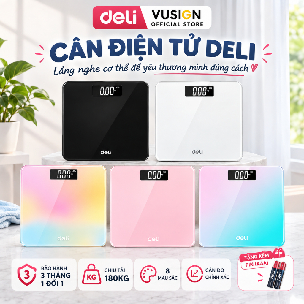 Cân Điện Tử Sức Khỏe DELI Chịu Tải 180KG Màn Hình Số LCD Cân Chính Xác Bảo Hành 3 Tháng Kèm Pin