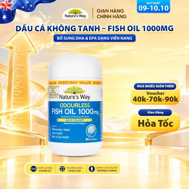 Viên Uống Dầu Cá Nature’s Way Omega-3 Odourless Fish Oil 1000mg Hỗ Trợ Tốt Cho Mắt Và Não Không Mùi Hộp 80 Viên