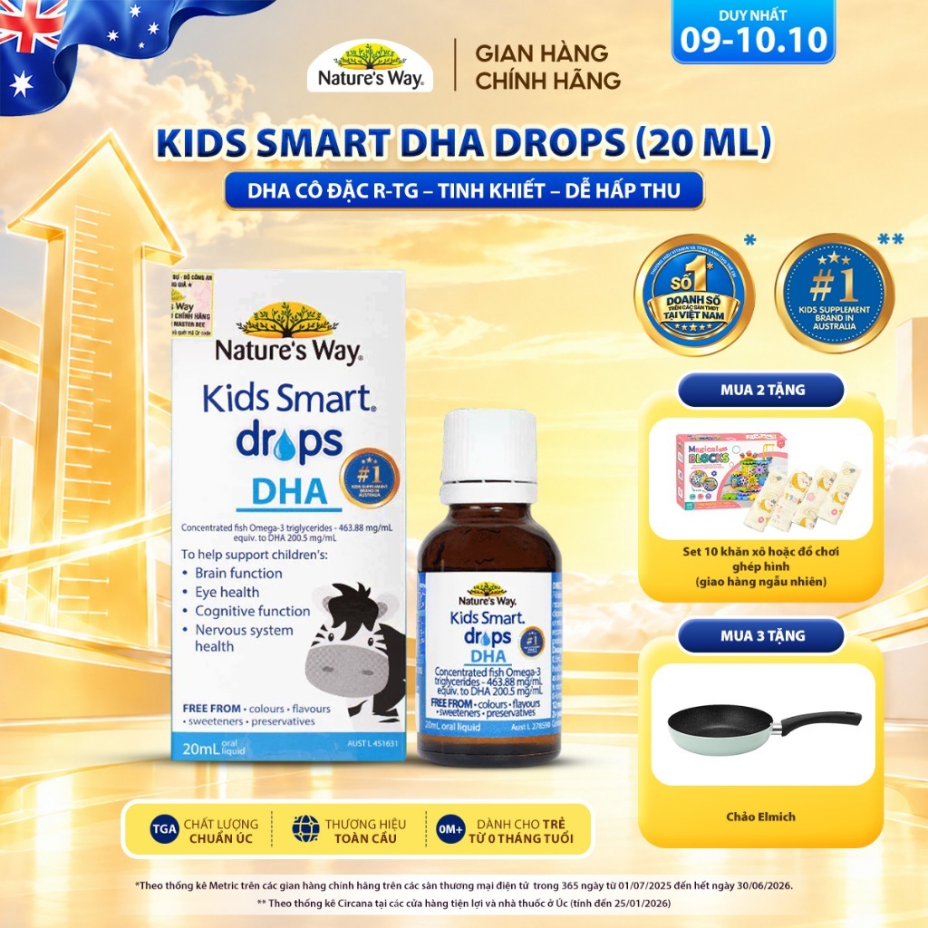 DHA Drops Nature's Way Kids Smart Bổ Sung DHA, EPA, Omega 3 RTG Cô Đặc, Hỗ Trợ Tốt Cho Não Và Mắt Cho Bé 20ml