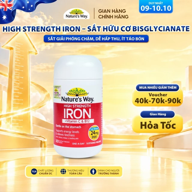 Viên Uống Sắt Hữu Cơ, Sắt Bầu Nature’s Way High Strength Iron Bổ Sung Sắt Bisglycinate Hỗ Trợ Hấp Thu Tốt Hơn -30v