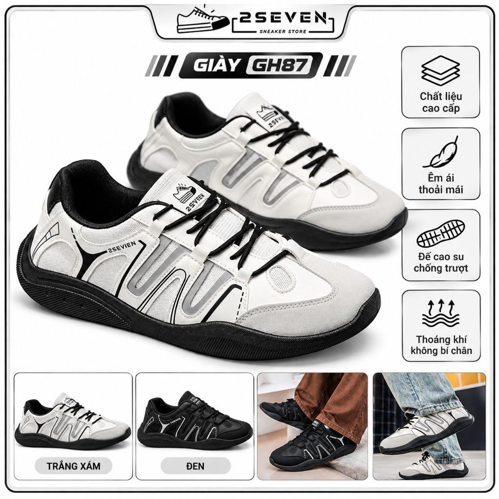 Giày Sneaker Nam Nữ Trắng Phối Đen Basic , Đế Êm Chống Trượt Dễ Phối Đồ Đi Học Đi Chơi - GH87 - 2SEVEN