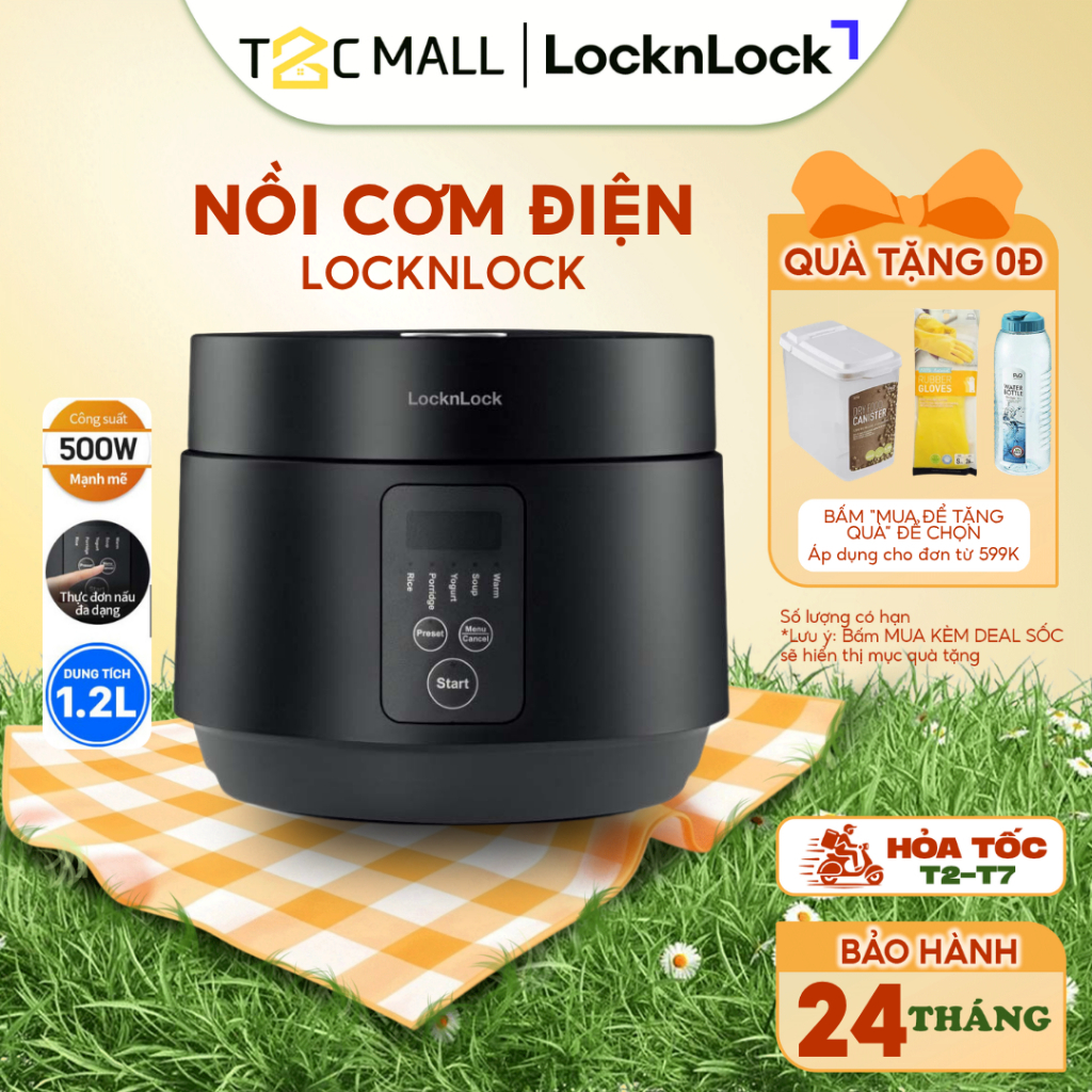 Nồi cơm điện LocknLock Compact Rice Cooker 1.2L EJR346BLK - Hàng chính hãng có 5 chế độ nấu, dây điện tháo rời - T2Cmall