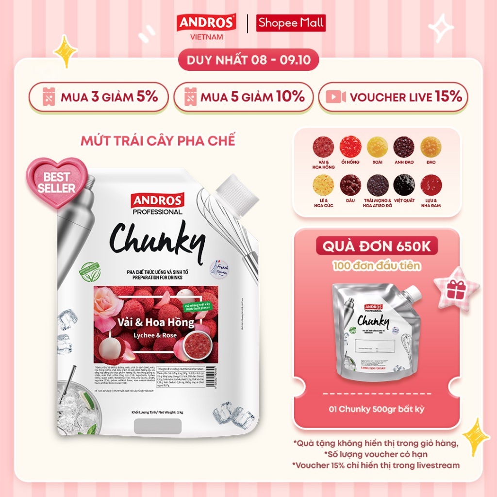 [BEST SELLER] Mứt Trái Cây Pha Chế - Có miếng trái cây thật - Nguyên liệu pha chế - ANDROS CHUNKY - 1kg