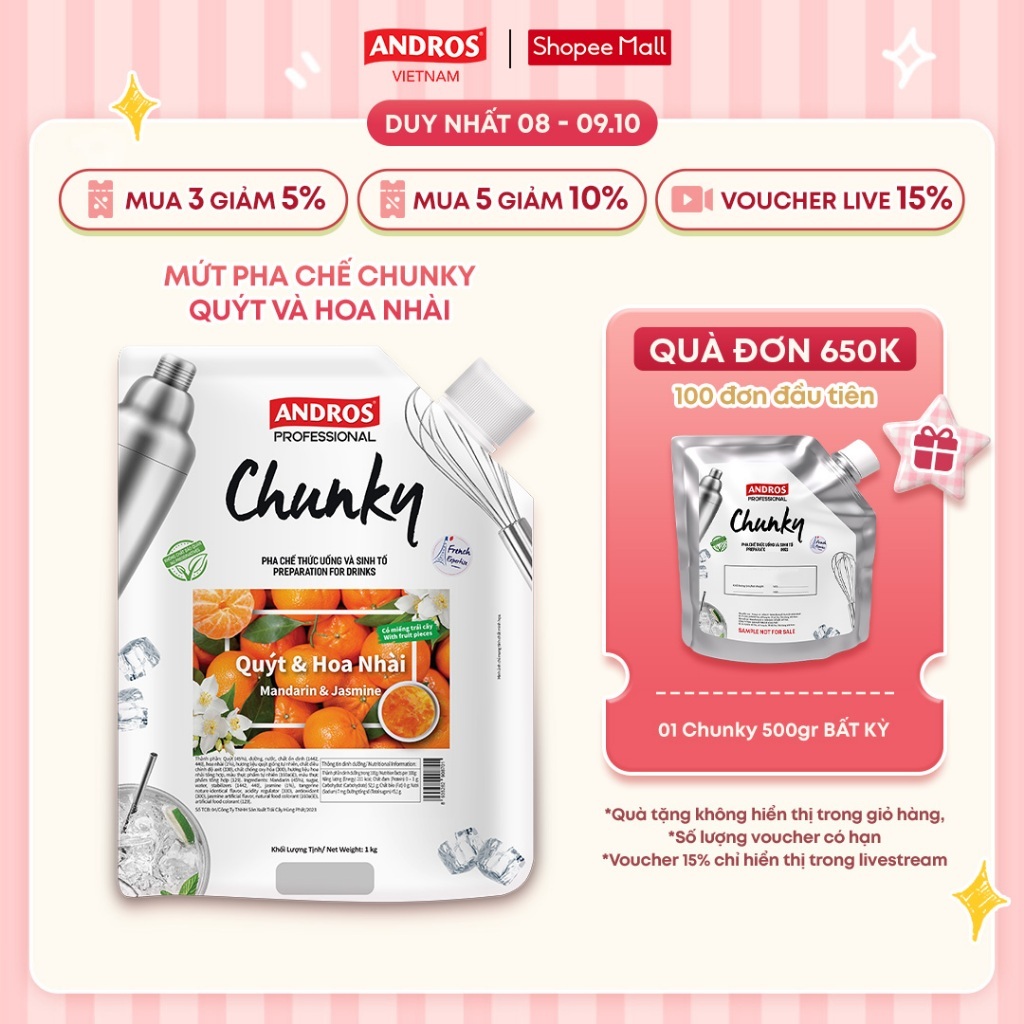 Mứt Trái Cây Pha Chế Quýt & Hoa Nhài - Có miếng trái cây thật - Nguyên liệu pha chế - ANDROS CHUNKY - 1kg