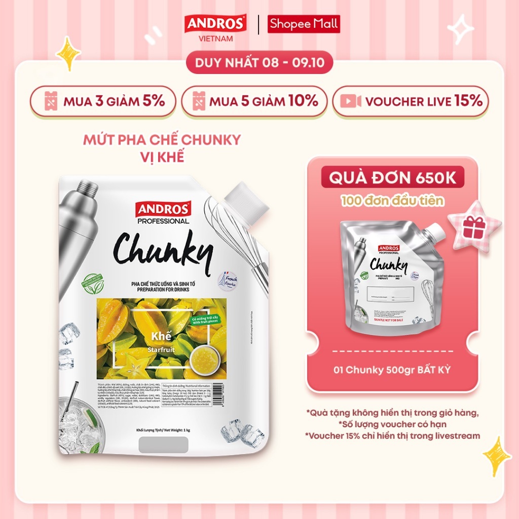 Mứt Trái Cây Pha Chế Khế - Có miếng trái cây thật - Nguyên liệu pha chế - ANDROS CHUNKY - 1kg
