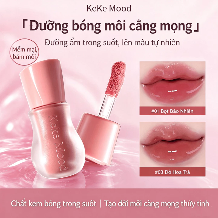 Son dưỡng bóng môi căng mọng thủy tinh, dưỡng ẩm môi, che nếp khô môi, lên màu tự nhiên, chất kem trong suốt