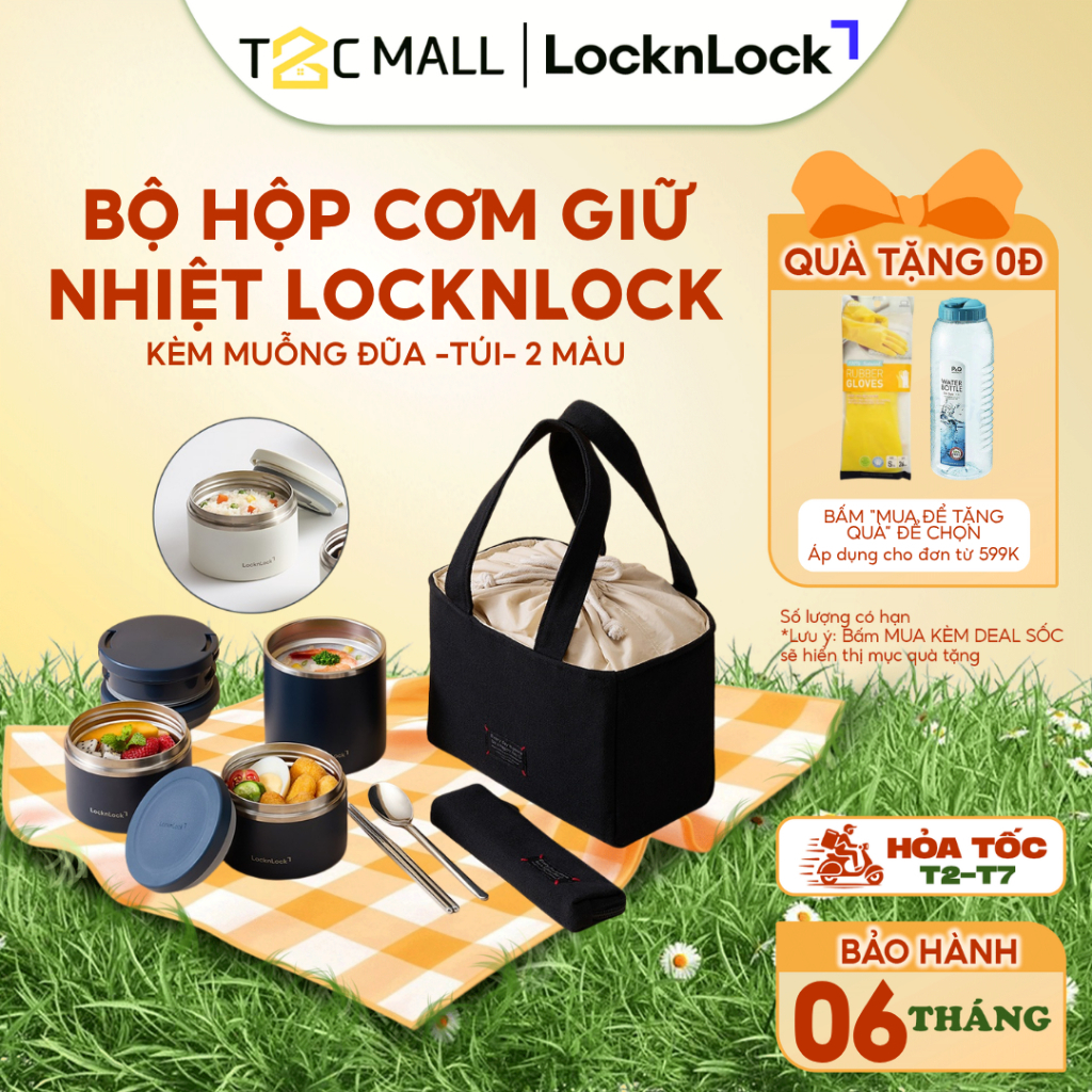 Bộ hộp cơm giữ nhiệt LocknLock Pump One-Touch Lunch Box Set LHC8011S01, có đũa, thìa và túi, dung tích 1190ml- T2CMALL