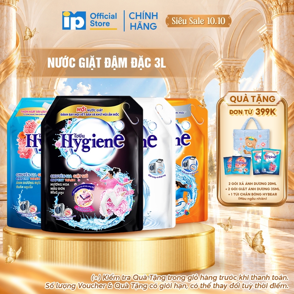 Nước Giặt Đậm Đặc Hygiene 3L (Dịu Êm/ Ánh Dương Hạnh Phúc/ Hoa Mẫu Đơn/ Ánh Dương Rực Rỡ)