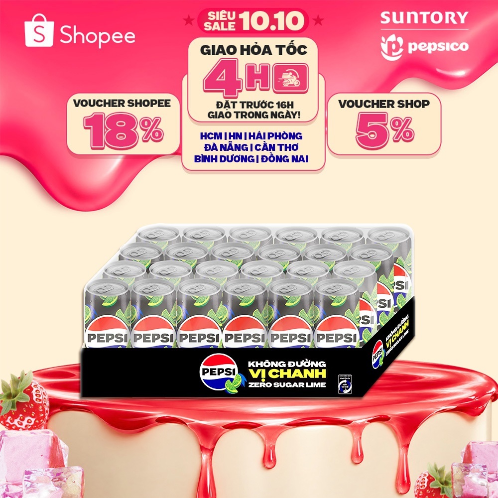 Thùng 24 Lon Nước Uống Có Gaz Pepsi Vị Chanh Không Calo, Không Đường (320ml/lon)