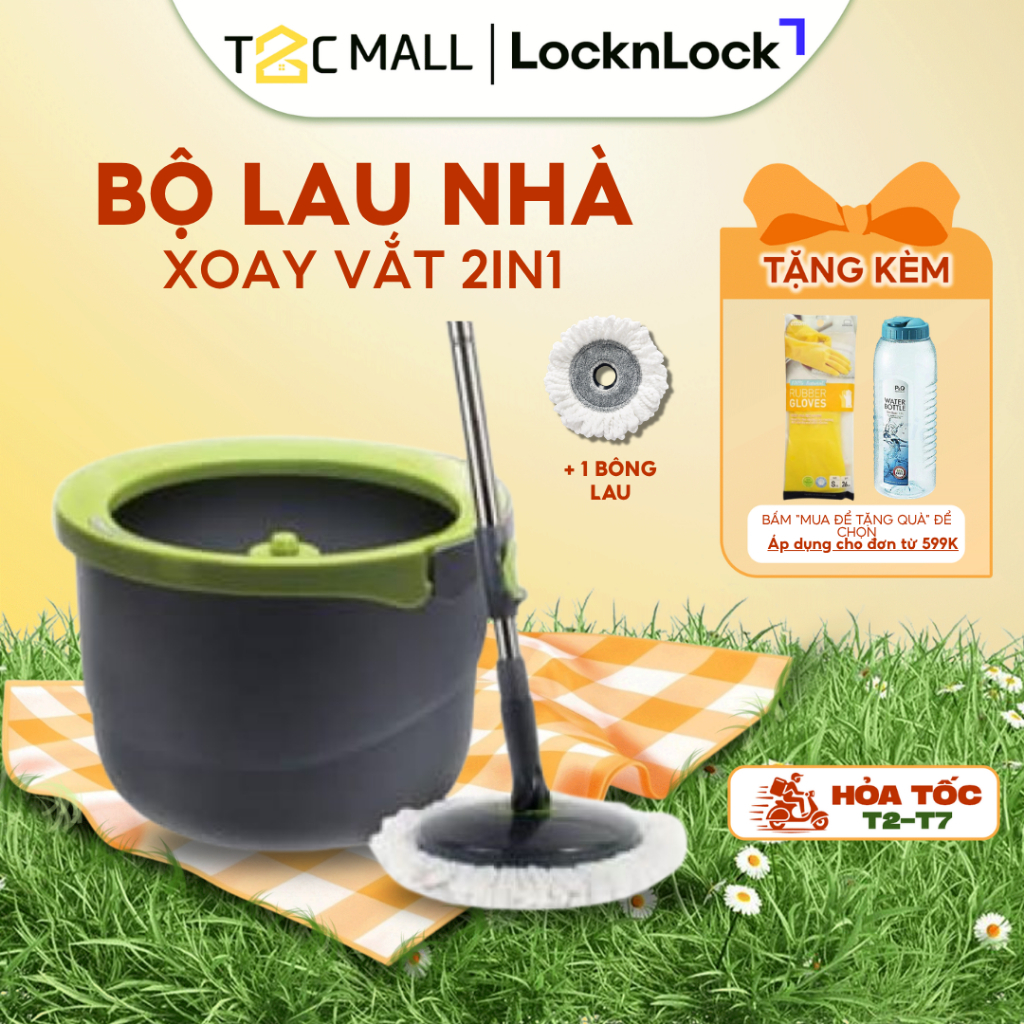 Bộ Lau Nhà Xoay Tay LocknLock Kèm Bông Lau Xoay 360 Độ, Thùng Đựng Chính Hãng ETM498 - T2CMALL