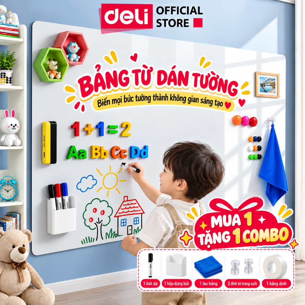 [🔥GIẢM SỐC]Bảng Trắng Dán Tường DELI Bảng Từ Trắng Dán Tiện Lợi Dễ Sử Dụng Bảng Trắng Viết Trơn Tặng Kèm Bộ Phụ