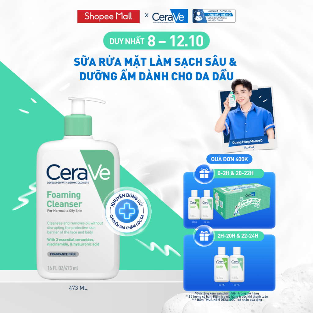 Sữa rửa mặt foaming giúp làm sạch sâu và dưỡng ẩm dịu nhẹ dành cho da dầu - CeraVe Foaming Facial Cleanser 473ML