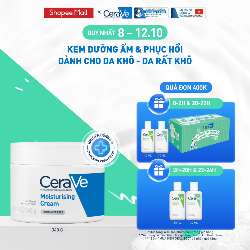 Kem dưỡng ẩm phục hồi sâu và ẩm mịn suốt 48H dành cho da khô, duy trì hàng rào bảo vệ da CERAVE MOISTURISING CREAM 340G
