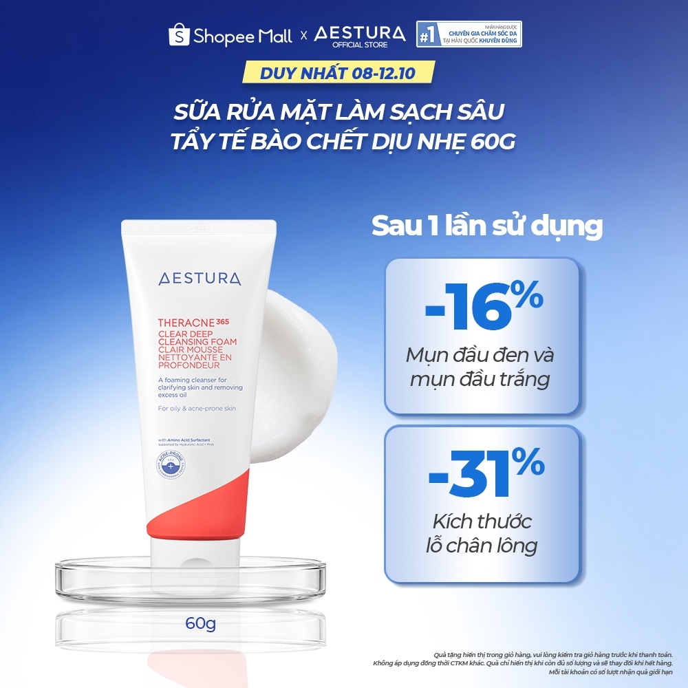 Sữa rửa mặt tạo bọt làm sạch sâu và dưỡng ẩm dành cho da dầu mụn AESTURA THERACNE365 Clear Deep Cleansing Foam 60g