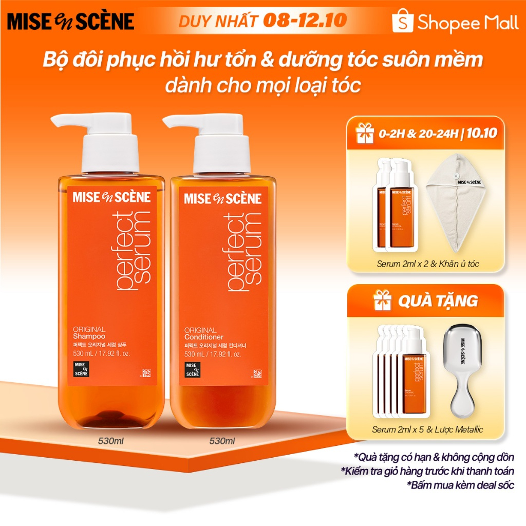 Bộ đôi Gội - Xả mise en scène Perfect Serum Original 530ml phục hồi hư tổn, giúp tóc suôn mềm, bồng bềnh