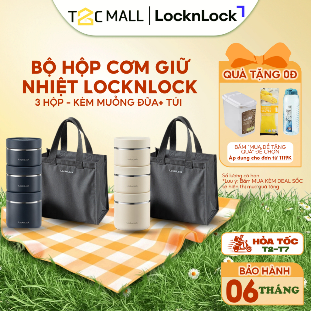 Bộ Hộp Cơm Giữ Nhiệt Văn Phòng LocknLock Lunch Box 3 Ngăn Kèm Túi Thìa Đũa LHC8052S02 T2Cmall