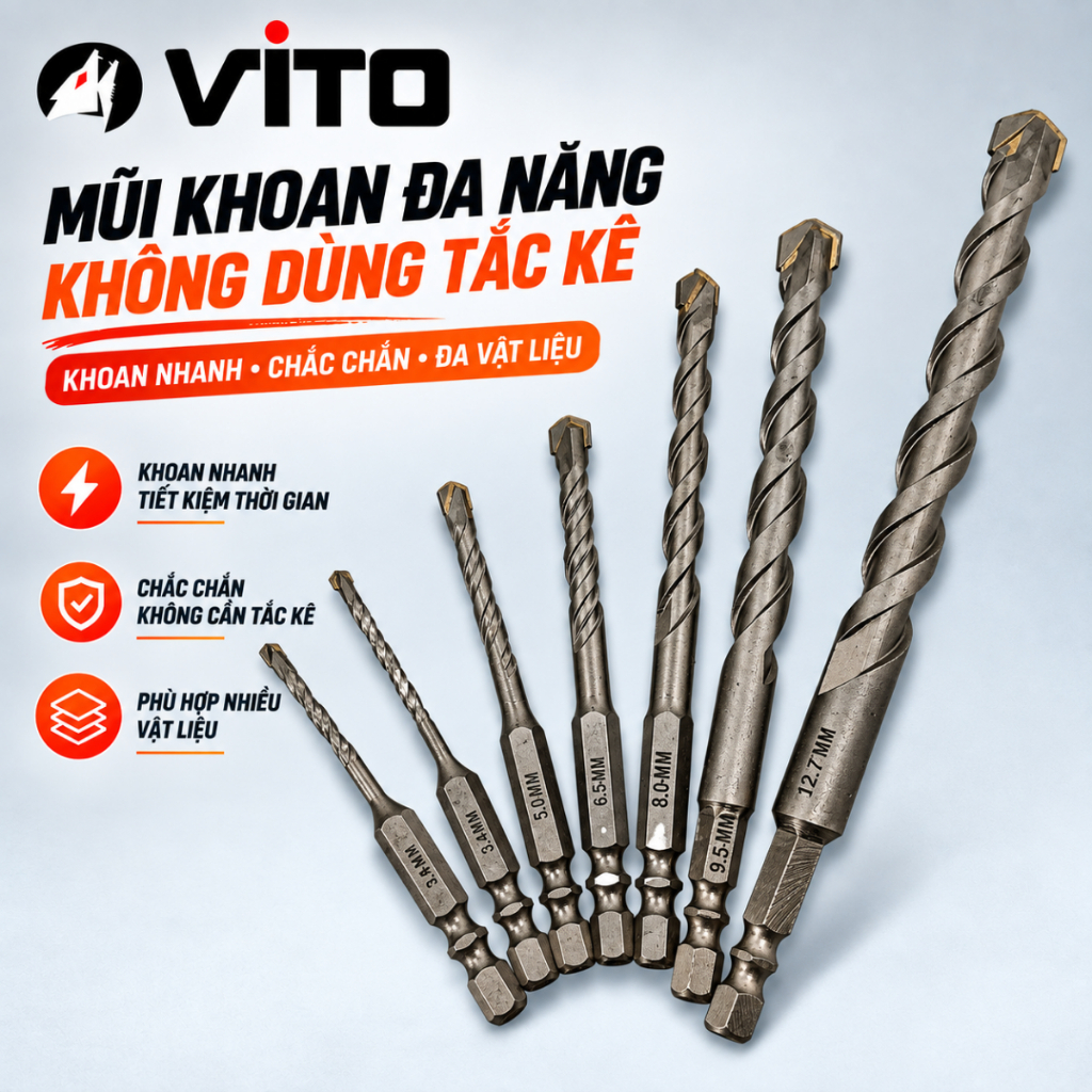 Mũi Khoan Không Tắc Kê Đa Năng Chuôi Lục Giác VITO Khoan Tường, Gạch Men Bắn Vít Trực Tiếp Đủ Size VT00047