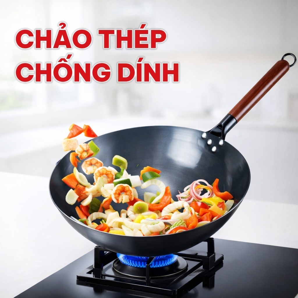 Chảo Sâu Lòng Size 34, Chảo Thép Chống Dính Tôi Sẵn Kháng Rỉ, Cán Gỗ Sồi Dùng Chiên Xào Trong Nhà Bếp