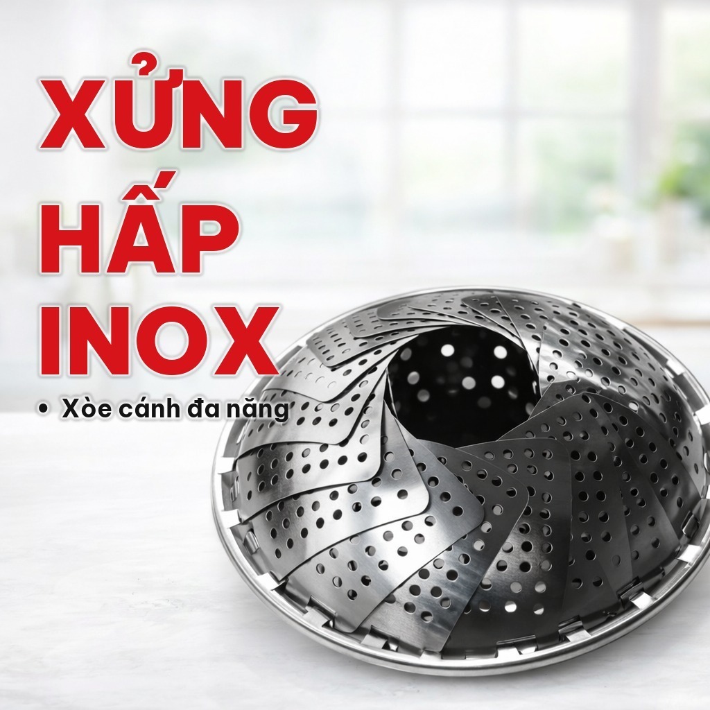Xửng Hấp Xòe Inox Gấp Gọn Đa Năng, Vỉ Hấp 3 Chân Dùng Hấp Bánh Bao, Rau Củ, Thịt Cá Vừa Mọi Loại Nồi