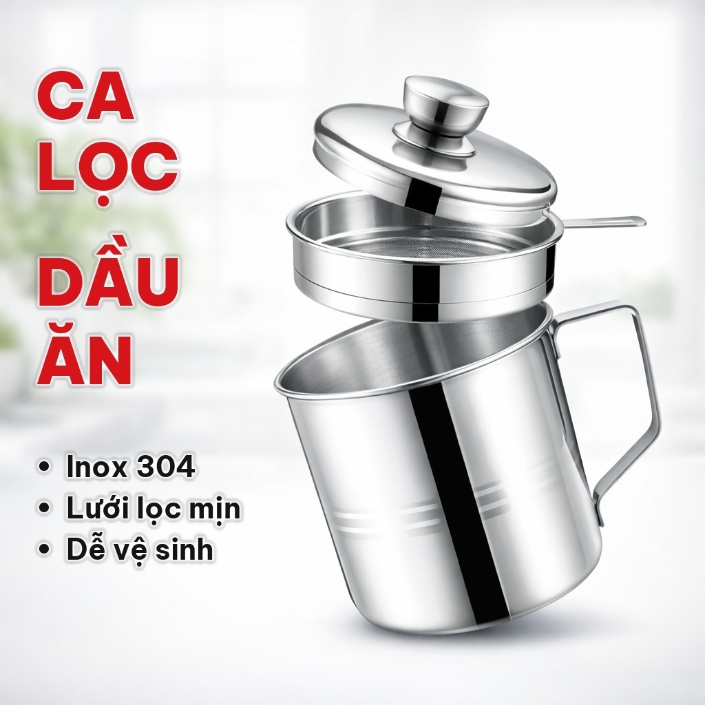 Ca Lọc Dầu Ăn Inox 304 Có Lưới Lọc Mịn, Âu Đựng Mỡ Chống Gỉ Giúp Loại Bỏ Cặn Bẩn Trong Nhà Bếp Gia Đình