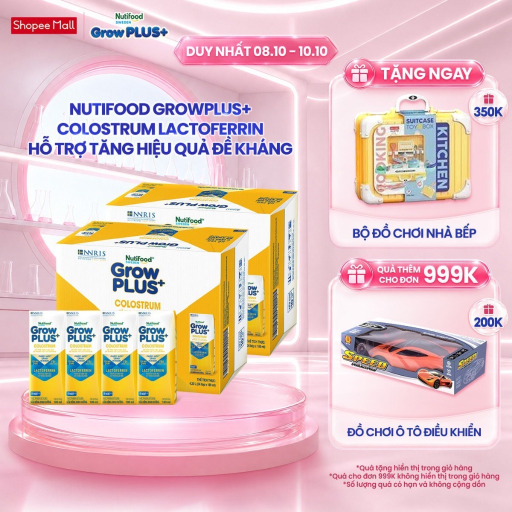 Combo 2 Thùng 24 hộp Sữa bột pha sẵn Nutifood Sweden GrowPLUS+ Colostrum Lactoferrin 180ml