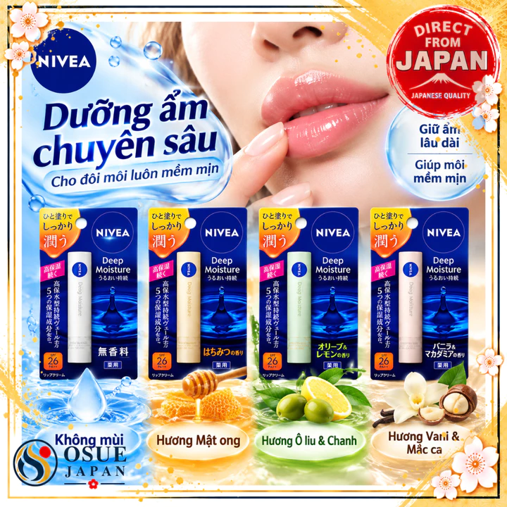 NIVEA Deep Moisture Lip 2.2g Son Dưỡng Môi Dưỡng Ẩm Chuyên Sâu SPF26 PA++ Ngừa Khô Nứt 4 Loại