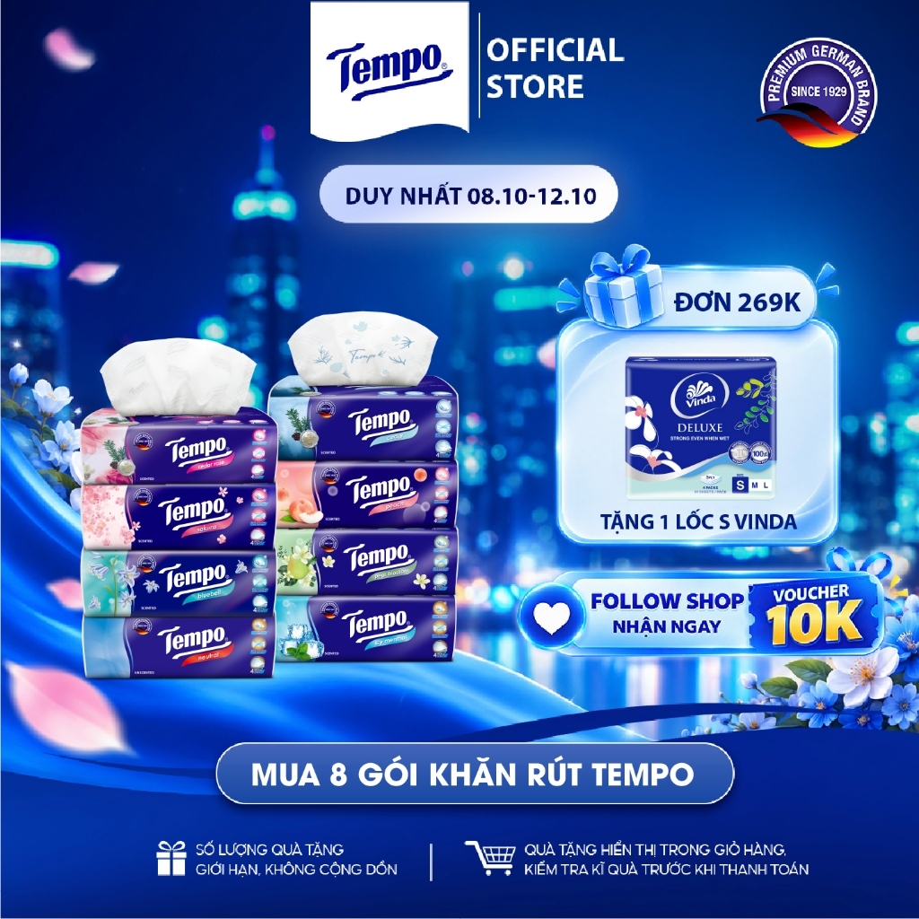 [COMBO 8 GÓI] Khăn Giấy Rút Cao Cấp Tempo - 4 Lớp Bền Dai, An Toàn Cho Da - Thương hiệu