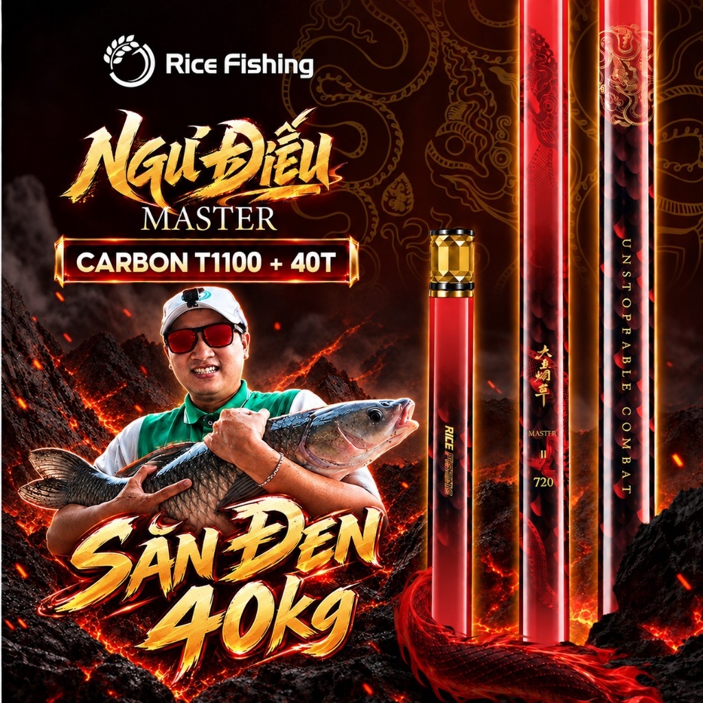 Cần câu đài săn hàng Ngư Điếu Master chuyên câu cá khủng chính hãng Rice Fishing carbon T1100+40T cao cấp CC-56