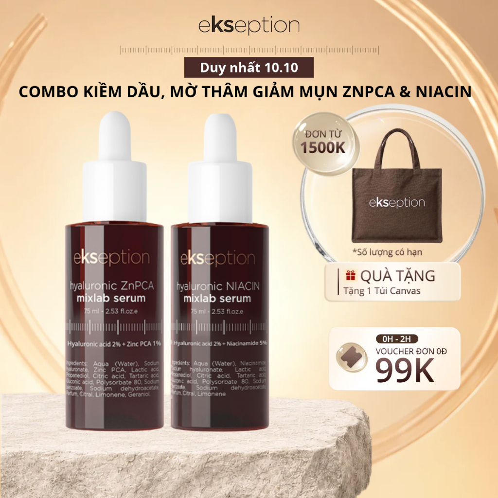 Combo Kiềm Dầu Mờ Thâm Giảm Mụn Ekseption Serum Kẽm Hyaluronic ZnPCA Mixlab HA+ 1% 75ml Và Hyaluronic Niacin Mixlab 75ml